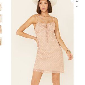 NEW NWT Miss Me Dobby Dot Scrunch Strappy Dress Blush Pink Polka Dot White